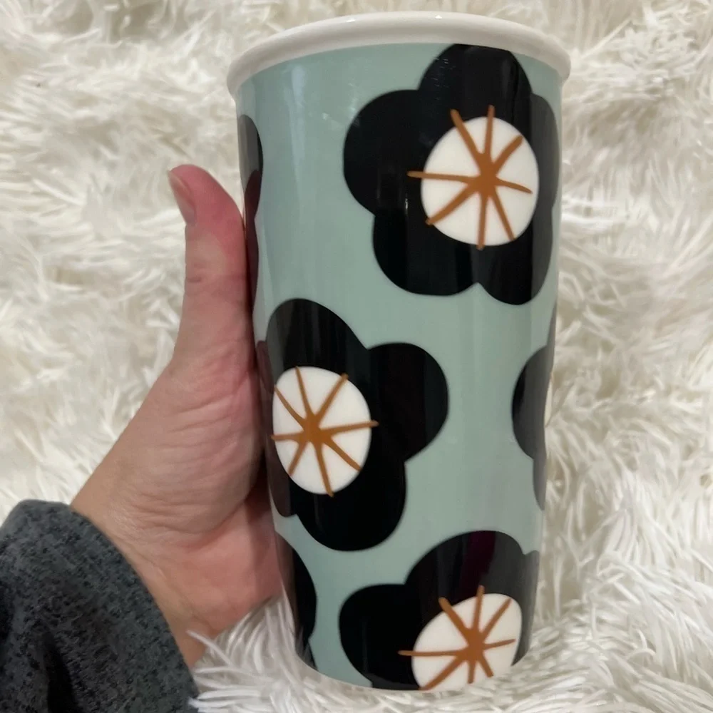 Starbucks Green Spring Black Floral Travel Mug